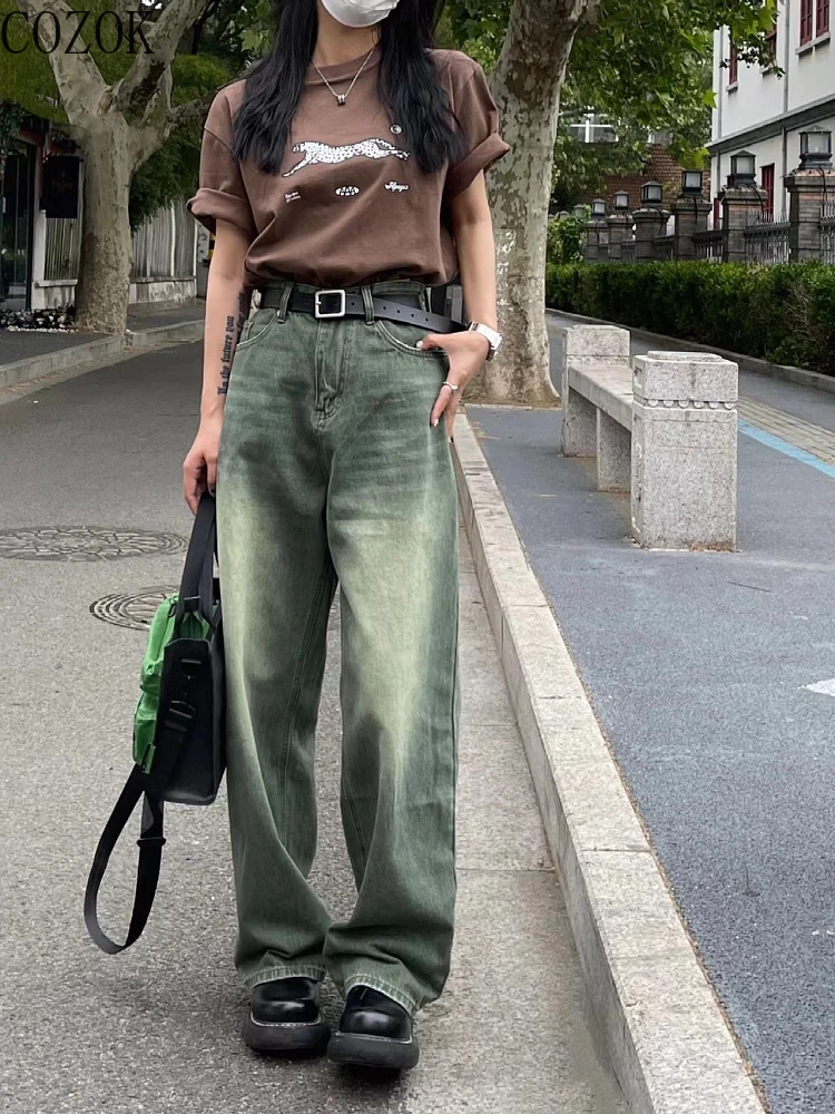 

Retro Green Jeans for Women Summer New plus Size Straight High Waist Slimming Loose Wide Leg Mop Pants Y2k Pants
