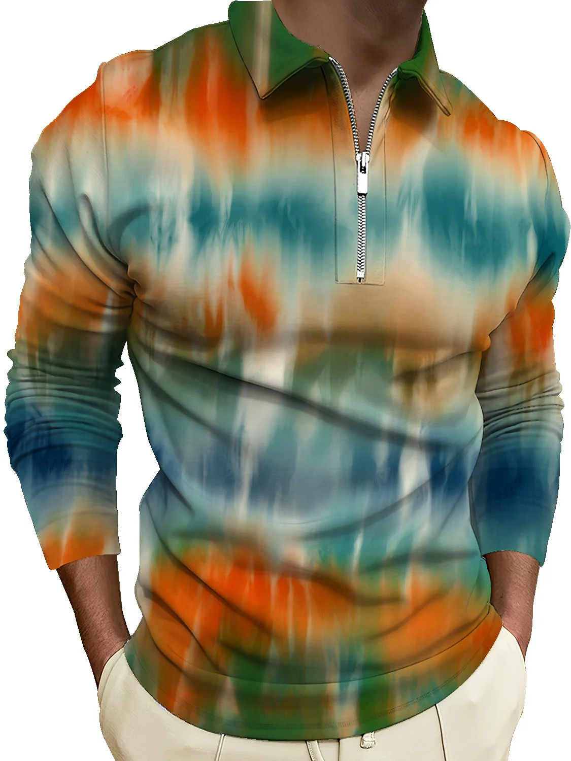 

2022 European and American spring summer business casual new POLO shirt zipper jacquard smudge men's long-sleeved T-shirt top
