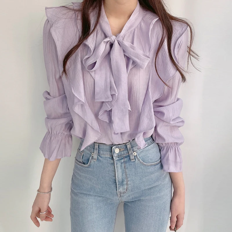 

Весенне-летние женские топы, элегантная женская тонкая блузка с расклешенными рукавами и оборками, однотонная мягкая Слитная Милая женская...