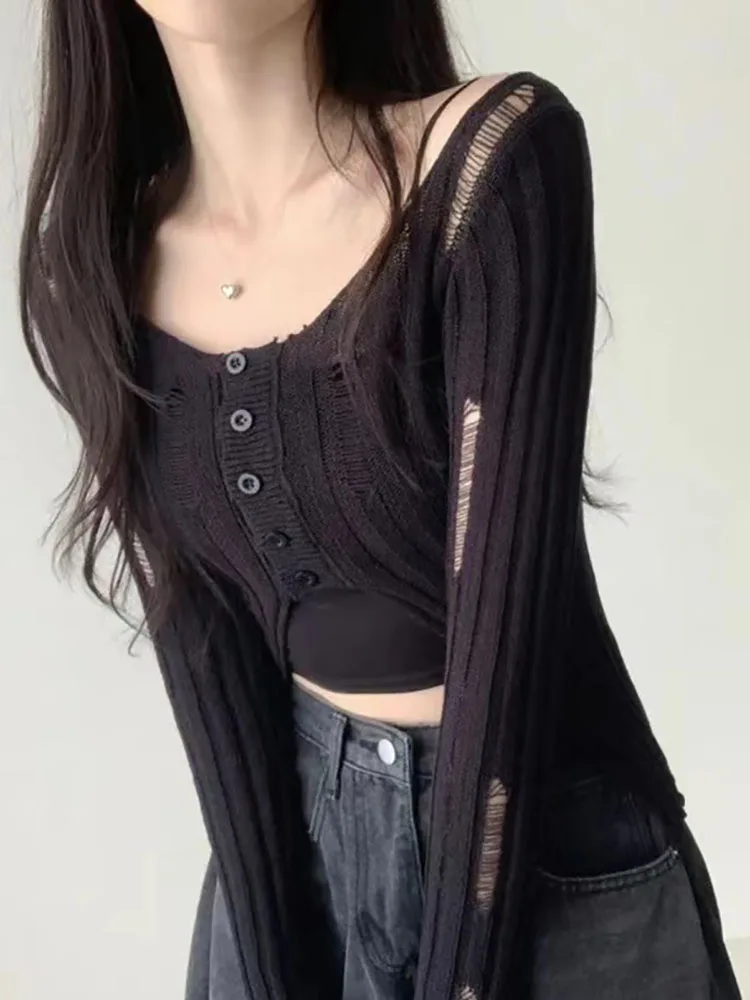 Женский трикотажный кардиган с дырками прозрачный тонкий свитер длинным рукавом