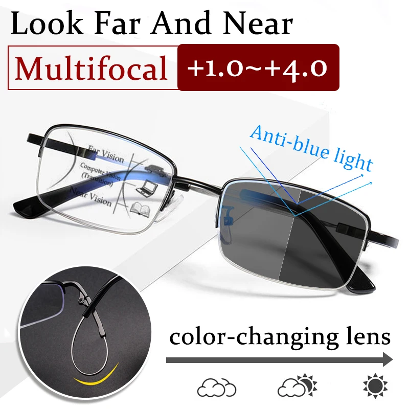 

4-in-1 Photochromeic Multifocal Reading Glasses Look Far And Near Color-changing Lenses Memory Titanium Frame Anti Blue Light