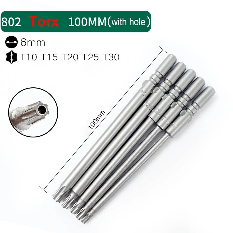 Фото Набор из 10 магнитных бит Torx с круглым хвостовиком 6 мм, длина 100 мм, для электрических отверток, размеры T10, T15, T20, T25, T30, ручные инструменты №1
