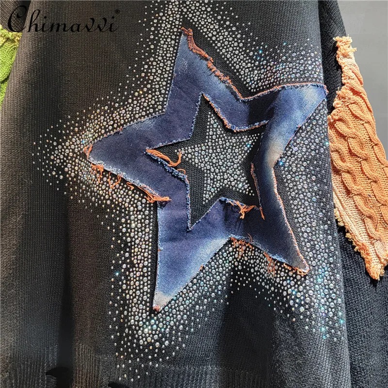 Свободные нашивки контрастного цвета рваные вязаные топы с круглым вырезом и