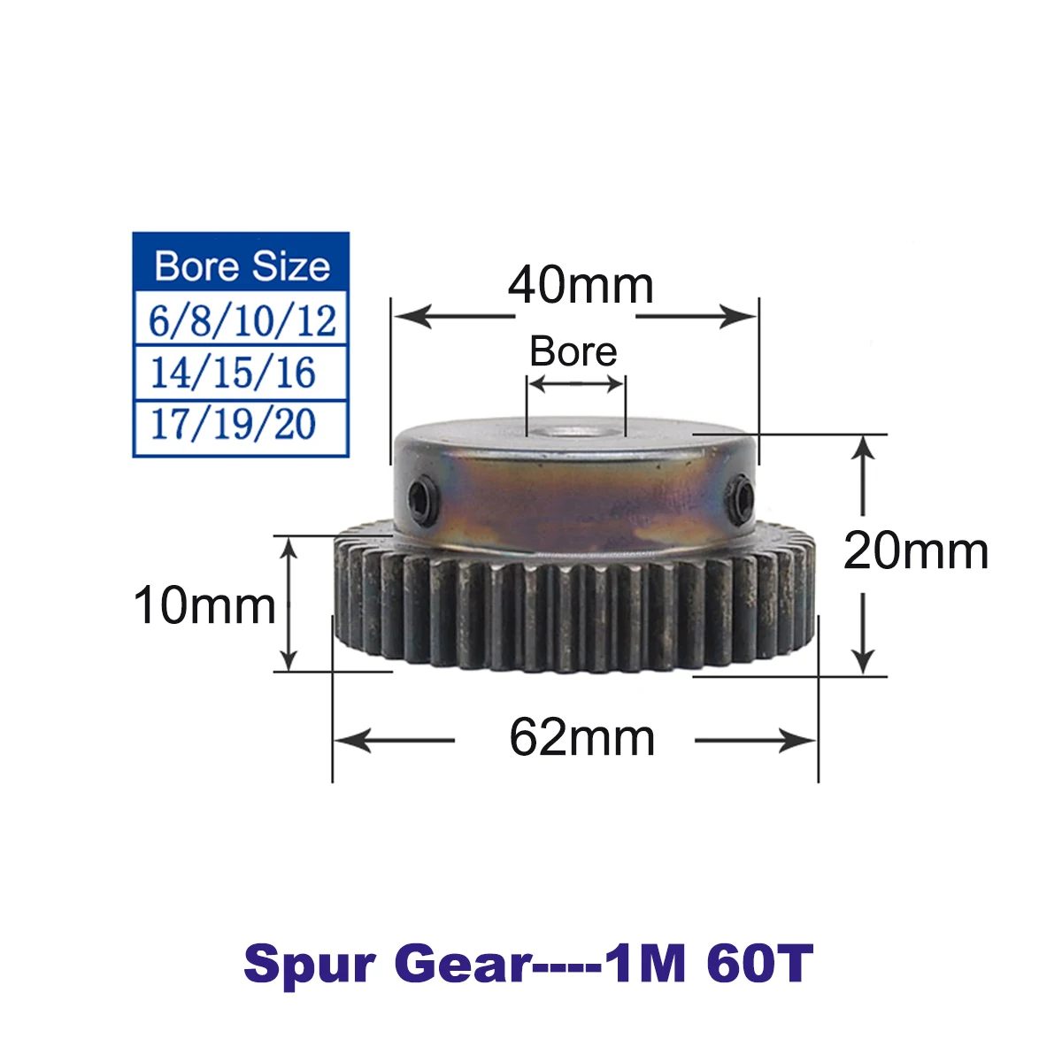 

Spur Gear 1M 60T Motor Gears Metal Pinion Bore Size 6/8/10/12/14/15/16/17/19/20mm 45# Steel Material Metal Gear for Motor Quench