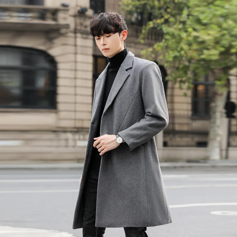 Men's Windbreaker Men's Medium Long Fashion Woolen Coat 2022 New Men's Korean Version Handsome Slim Woolen Coat Clothing