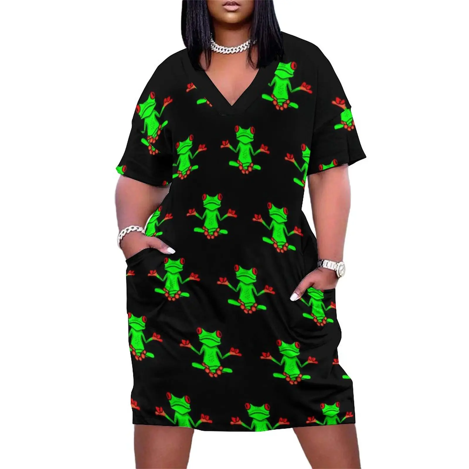 

Zen Tree Frog Casual Dress Spring Funny Animal Print Pretty Dresses Female V Neck Printed Aesthetic Dress Plus Size 4XL 5XL