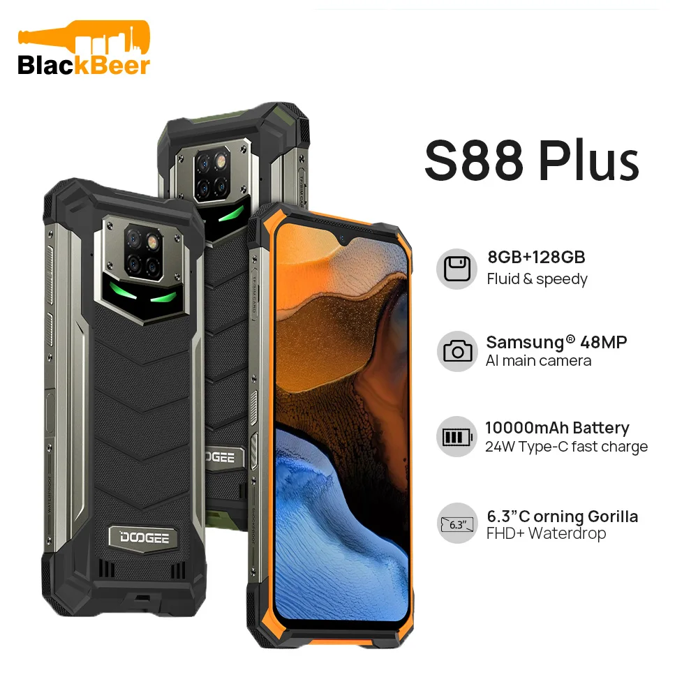 DOOGEE S88 Plus Rugged Android 10 MobilePhone IP68/IP69K Waterproof Smartphone 48MP Al Rear Camera 8GB 128GB Cellphone Gyroscope