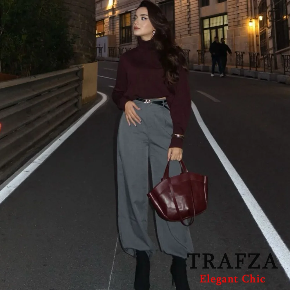 TRAFZA женский бордовый мягкий вязаный свитер базовый с круглым вырезом и длинными