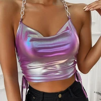womens summer contrast color splicing sleeveless halter laser vest slim fit backless fashion tank top ladies sexy tank dx29