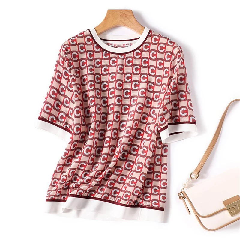 

Женская атласная футболка с буквенным принтом, элегантная легкая футболка с круглым вырезом