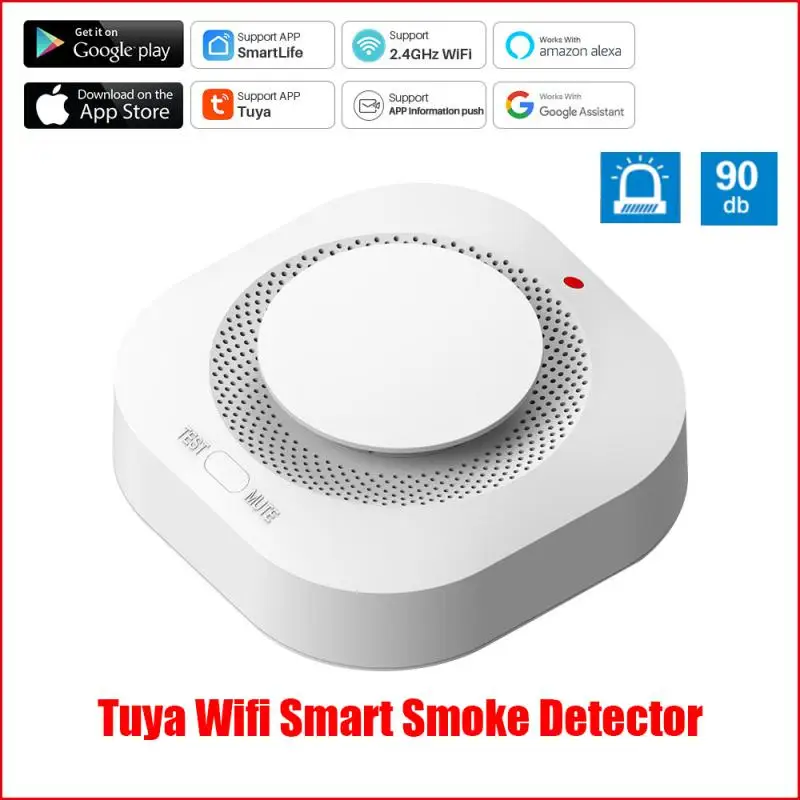 

Датчик дыма Tuya, смарт-детектор дыма с Wi-Fi, 90 дБ