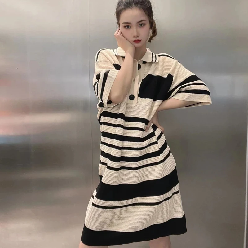 

Рубашка-поло в черно-белую полоску Han edition, платье большого размера, новинка, женская летняя Свободная юбка для отдыха, джокер