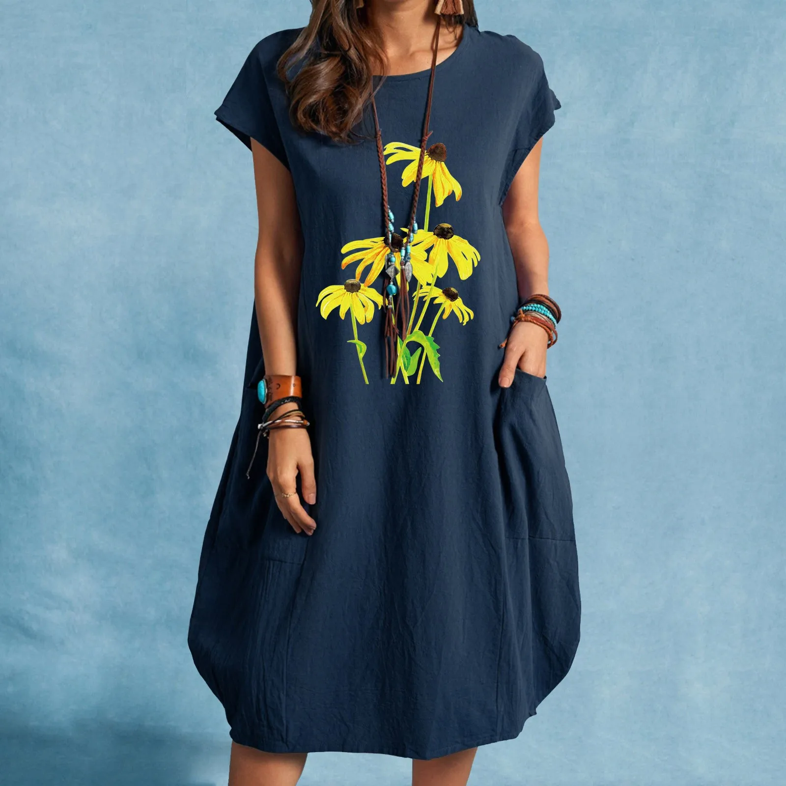 

Vintage Suspender Dress Women Women Daisy Printed Loose Short Sleeve Dress Summer Round Neck Dresses Dress Clothes for Women