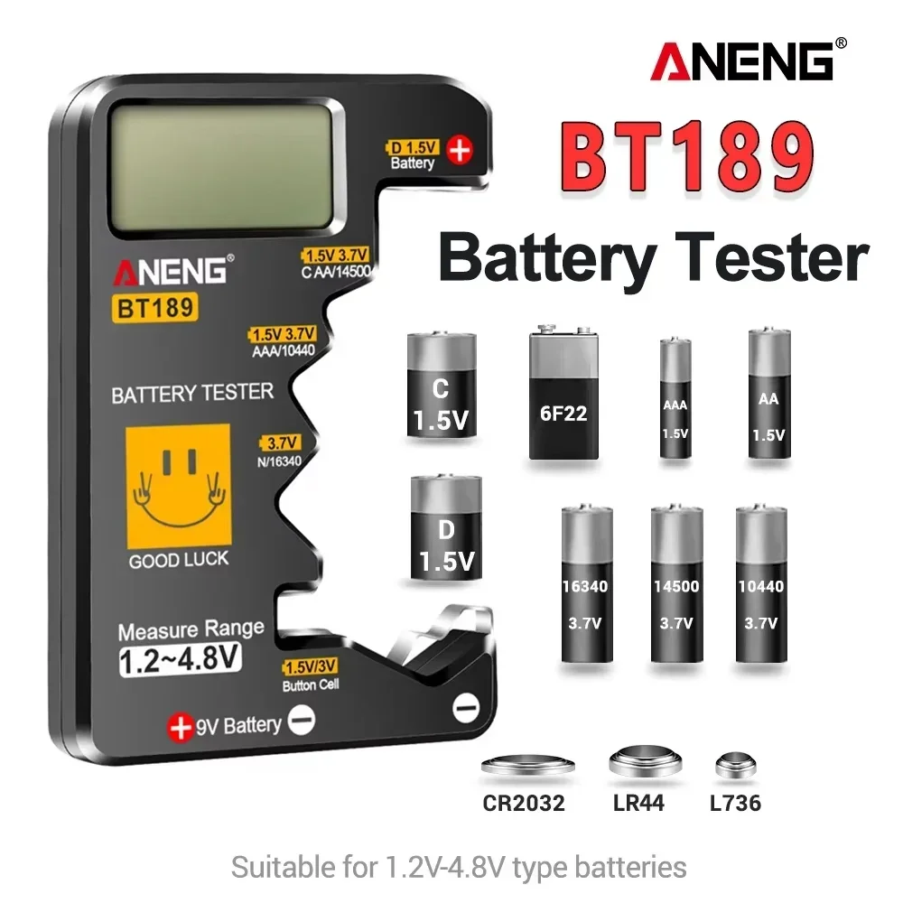 Фото Цифровой тестер батареек ANENG BT189 с ЖК-дисплеем для AA, AAA, C, D, 9V, 1.5V, 3V, кнопочных батареек, универсальный детектор батареек №2