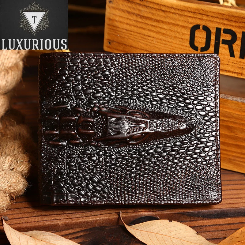 

High Quality Genuine Leather Purse Crocodile Grain Male Clutch Money Bag Card Holder Pack Men Oil Wax Cowhide Long/Short Wallet