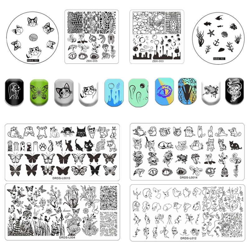 Шаблон для стемпинга животных, бабочек, котов, цветов, листьев, геометрических линий