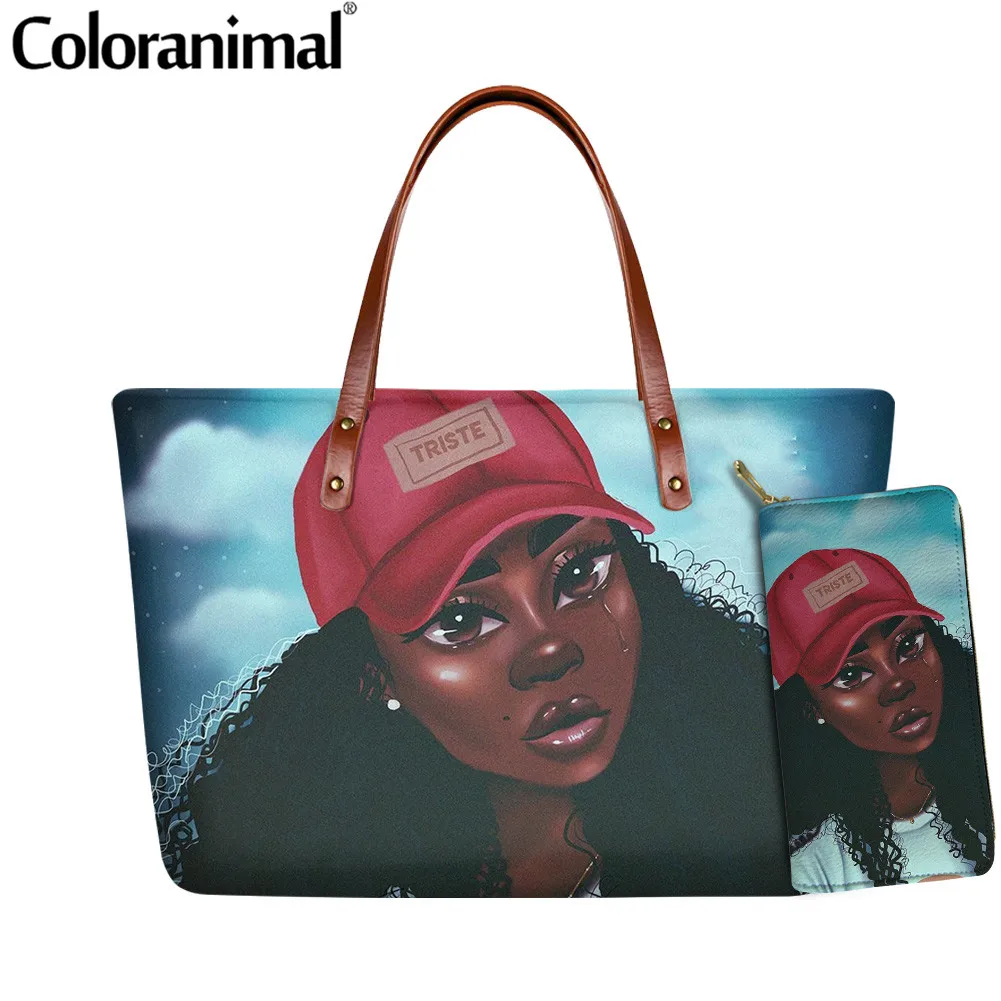 

Сумка и кошелек Coloranimal для женщин, вместительная дамская сумочка на плечо с Африканским черным узором, повседневный тоут, 2 шт./компл.