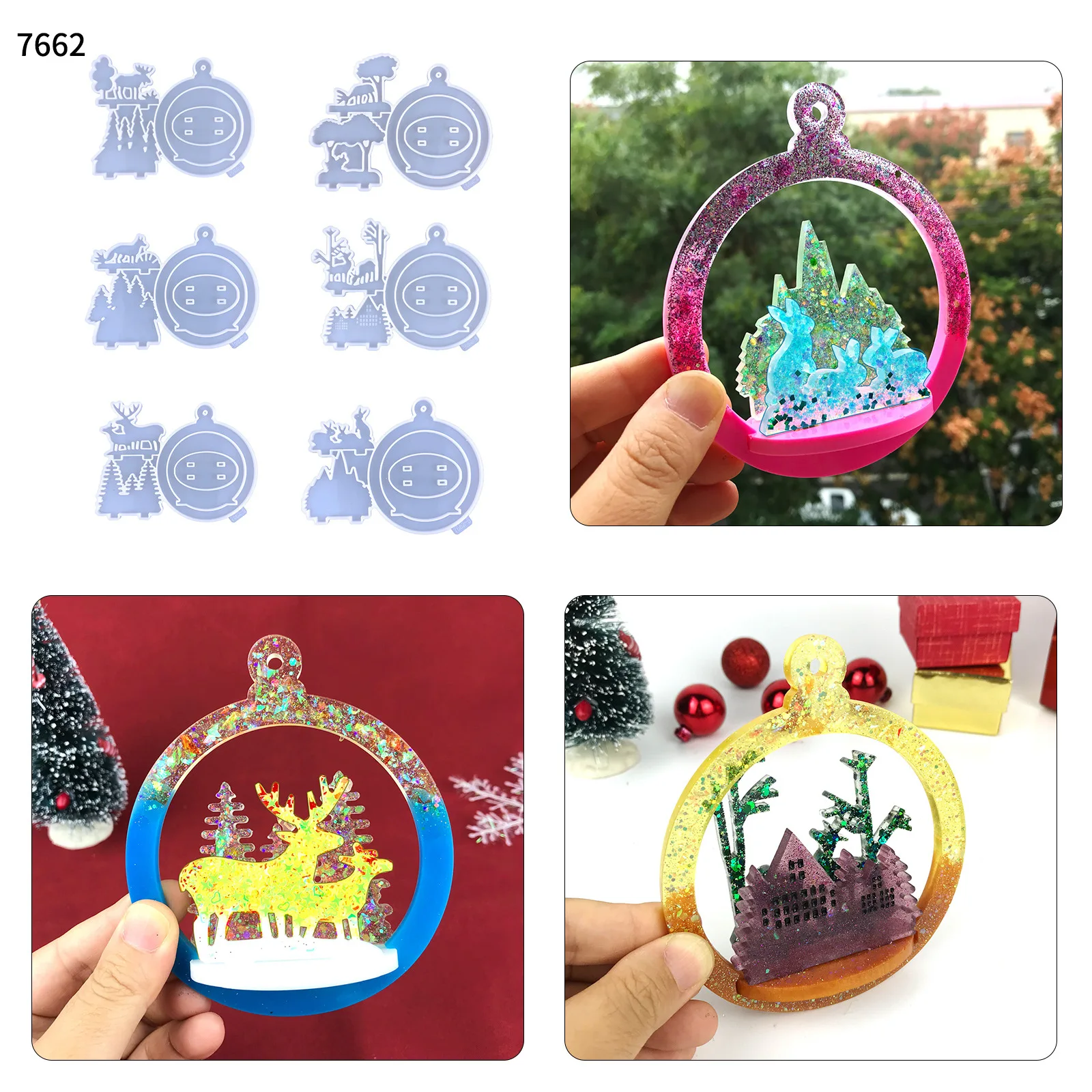 

Christmas Pendant Decoration Silicone Mold DIY Christmas Elk Round Mosaic Three-dimensional Pendant Drop Glue Mold Epoxy Resin