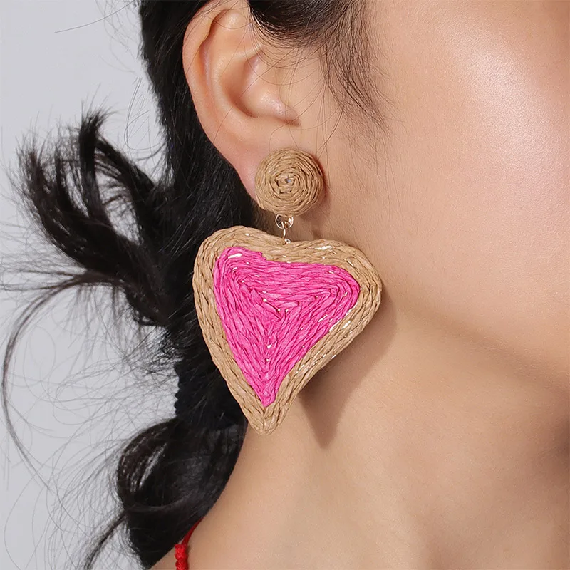

Hand-woven Rattan Raffia Earrings Round Heart Oval Drop Dangle Earrings for Women Boho Bohemia Stud Earrings