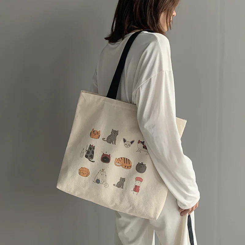 

Large Canvas Totes Bag for Women Eco Reusable Shoulder Shopping Bag Cartoon Cat Travel Cotton Cloth Student Bags