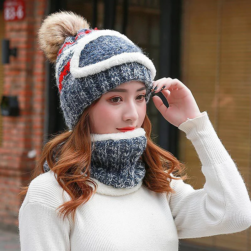 

Warm Winter Women Knitted Hats Add Fur Warm Winter Hats For Women Fashion Keep Face Warmer Balaclava Pompoms Cap