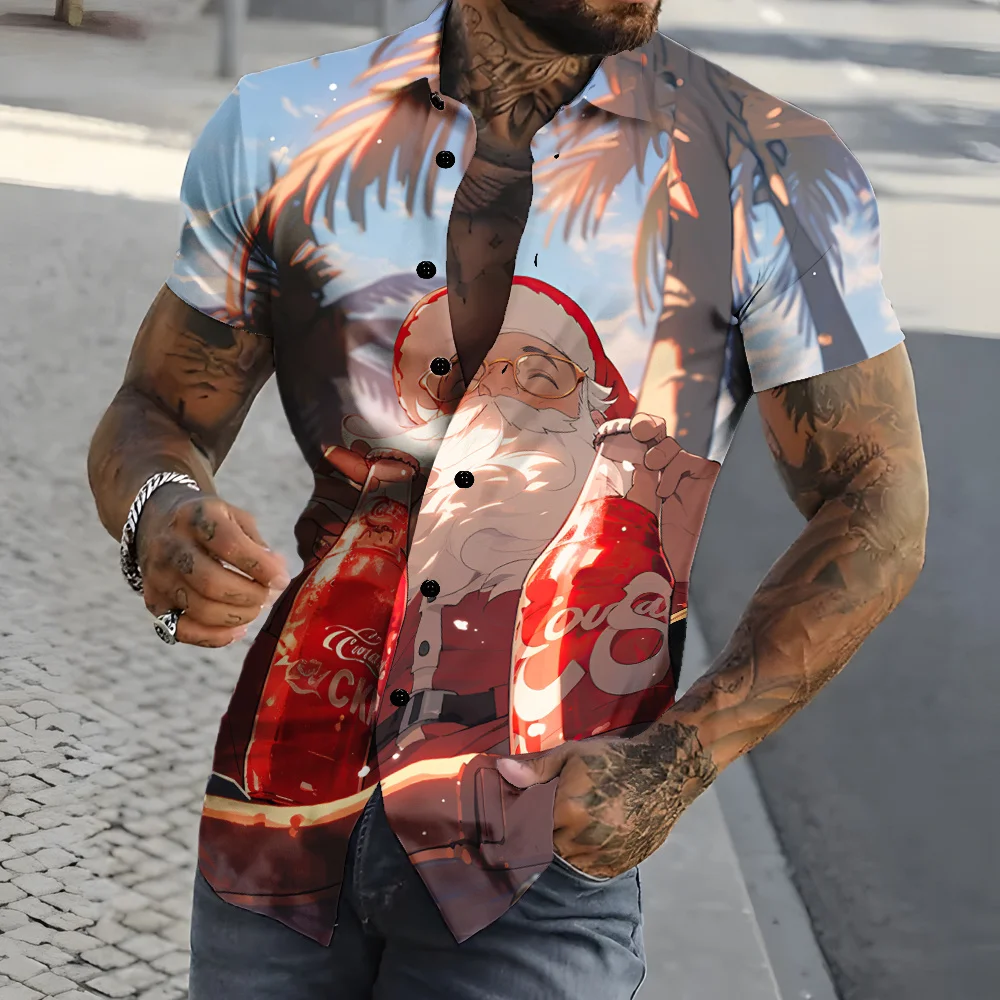 

Summer New Men'S Short Sleeve Shirt 3d Printed Father Christmas Pattern Comfortable Cool Casual Lapel Oversized Men'S Tops