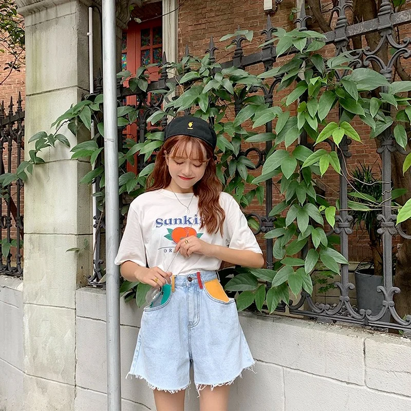 2023 Summer Ladies Color Patchwork Pocket Women Shorts Female College Style High Waist Denim Short Jean Lady Casual Fashion Wear