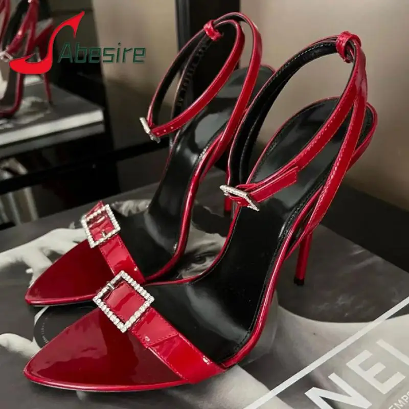 

Sexy Crystal Buckle Ankle Strap Red Sandals Luxury Pointed Open Toe Thin High Heels Summer Party Wedding Gladiator Women Shoes