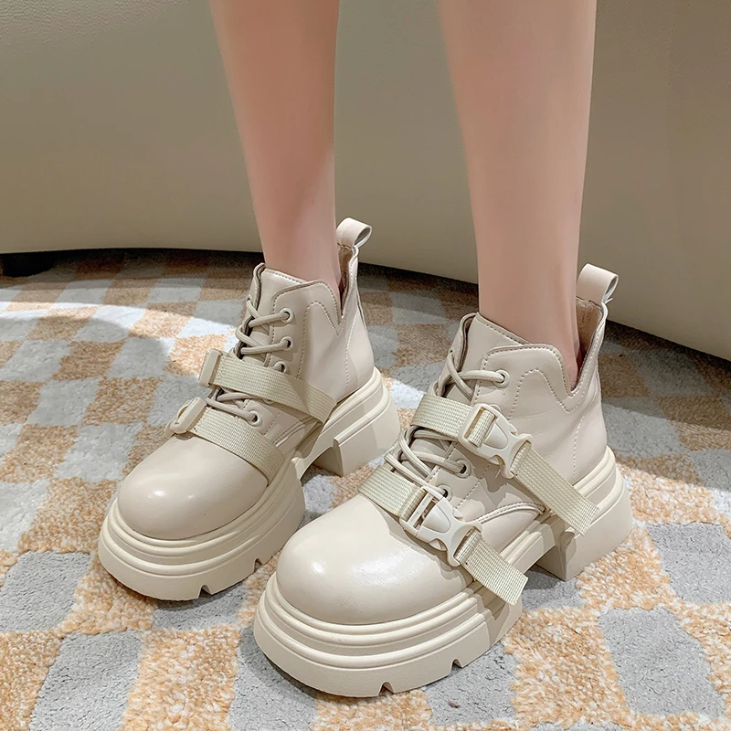 

Женские ботинки с перекрестной шнуровкой, модные повседневные ботильоны с пряжкой и круглым носком, 2023