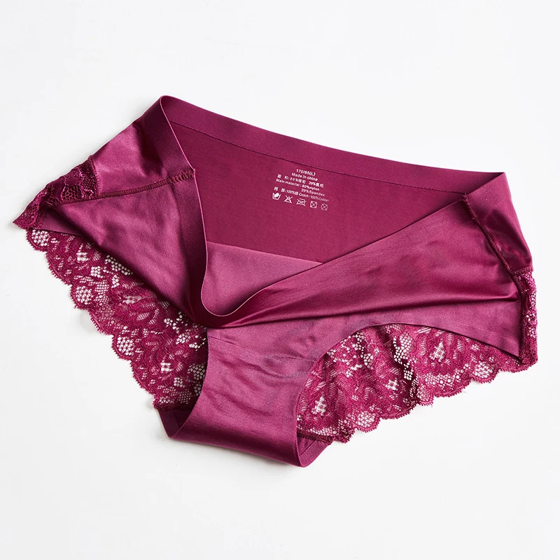 

Lace Panties Women's Ice Silk Seamless Cotton Crotch Sexy Brief Butt-Lifting Mid-Waist One-Piece Seamless Solid Color Underpants