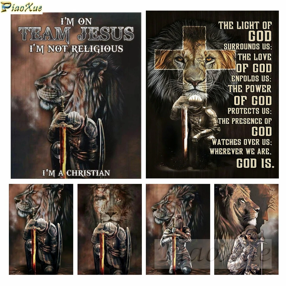 

5D Diamond Painting Warrior Lion Of Judah Mosaic Drills Knight Christ Religious Diy Rhinestone Cross Stitch Kit Wall Art Craft