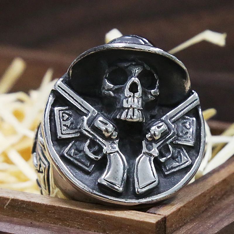 Vintage Cowboy Double Gun Skull Ring Men's Stainless Steel Punk Skull Ring Cool Male Hip Hop Biker Rings Jewelry Accessories