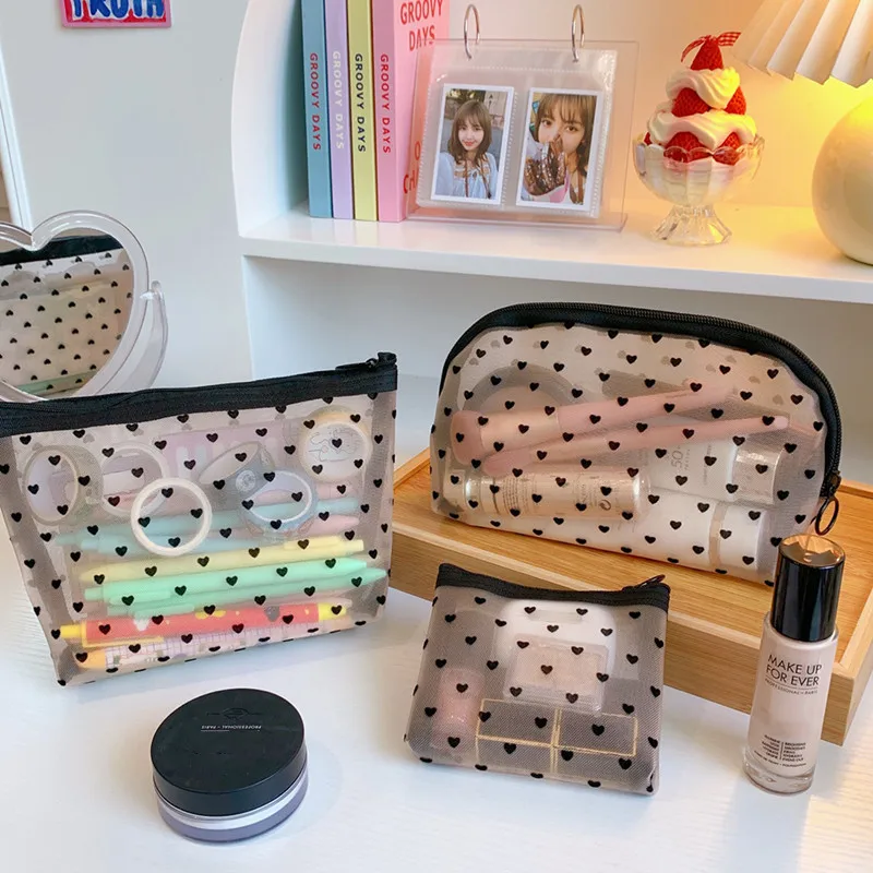 

3 Styles Mesh Cosmetic Makeup Bag Cute Transparent Zipper Black Heart Printed Makeup Bags Pencil Pack