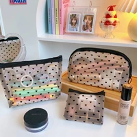 3 styles mesh cosmetic makeup bags case holder cute transparent zipper black heart printed pencil pen case pouch