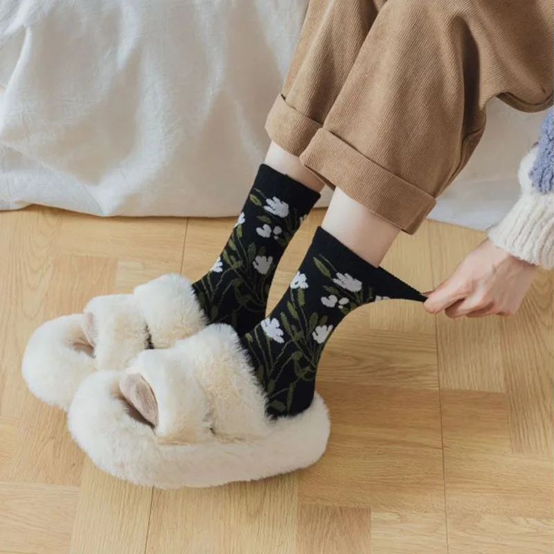 5 Pair Keep Warm Thick Winter Socks Set Female Harajuku Fashion Flower Print Socks For Women Brand Designer Cashmere Calze Donna