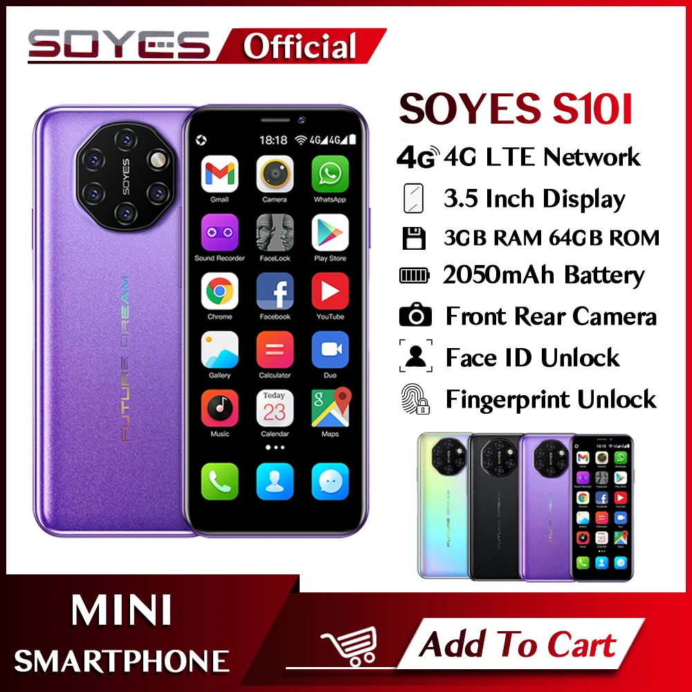 SOYES Mini Cell Phone 3.5 Inch Android 3GB RAM 32GB 64GB ROM MTK6737 Quad Core Face Recognition Fingerprint Unlocked Smartphone