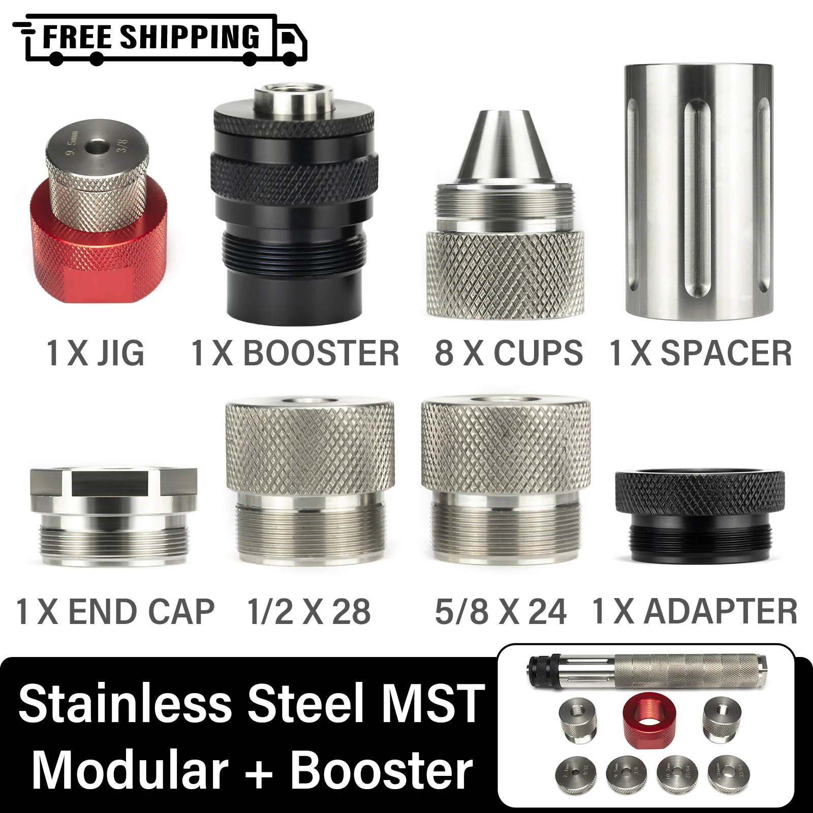 

1.58"OD 10"L 1/2x28+5/8x24 Stainless Steel Modular Solvent Tube TPI 1.375x24 MST + Piston Booster + Cone Cups Guide Drilling Jig