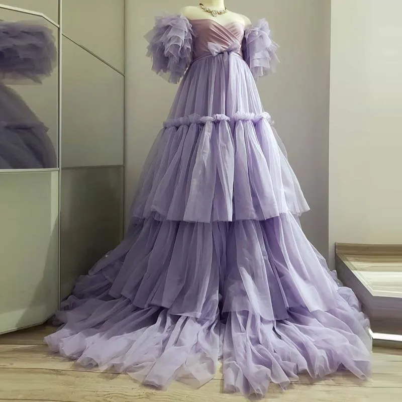 

Pretty Lavender Tiered Ruffled Long Tulle Maternity Dress Off Shoulder Lush Mesh Pregnancy Women Dresses Photography Custom Made