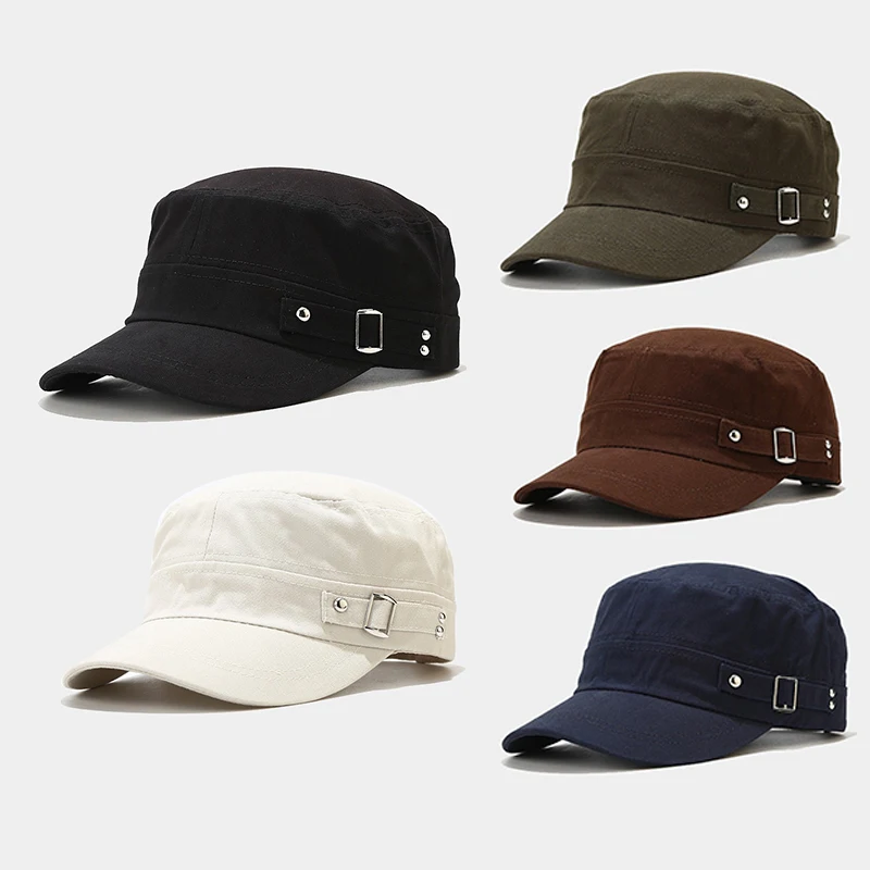 

New Adjustable Unisex Baseball Cap Solid Color Flat Top Military Cap Vintage Sun Hat Spring Autumn Breathable Military Hats