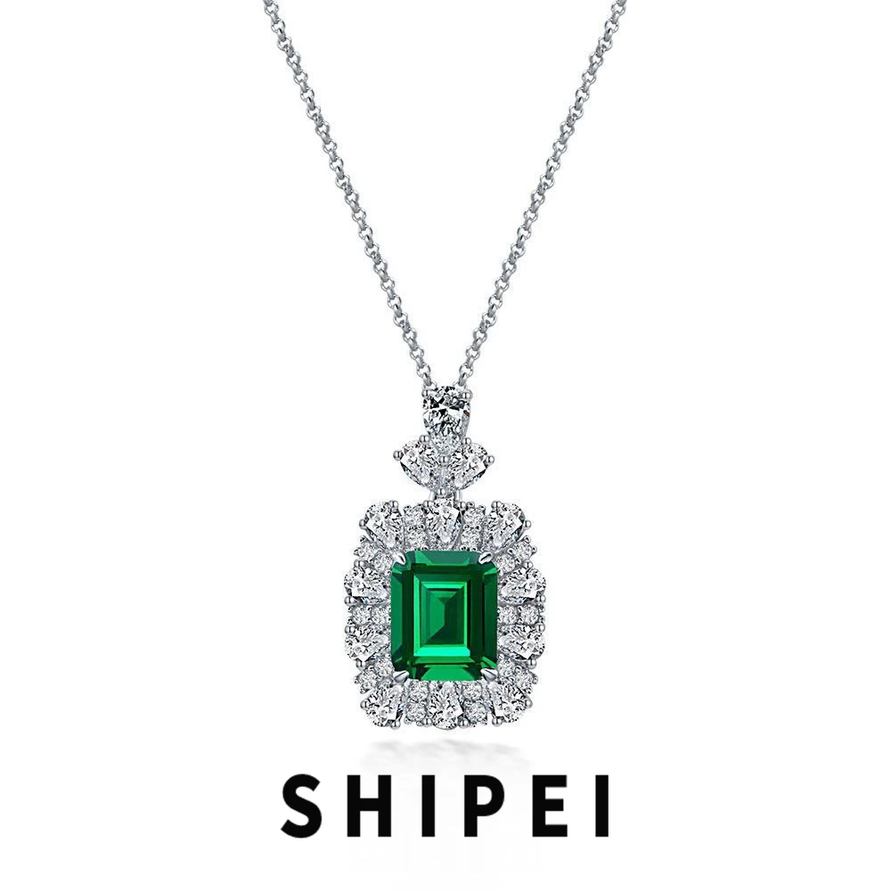 

SHIPEI 925 Sterling Silver 9*11 MM Emerald White Sapphire Gemstone Women Necklace Pendant Birthday Gift Fine Jewelry Wholesale