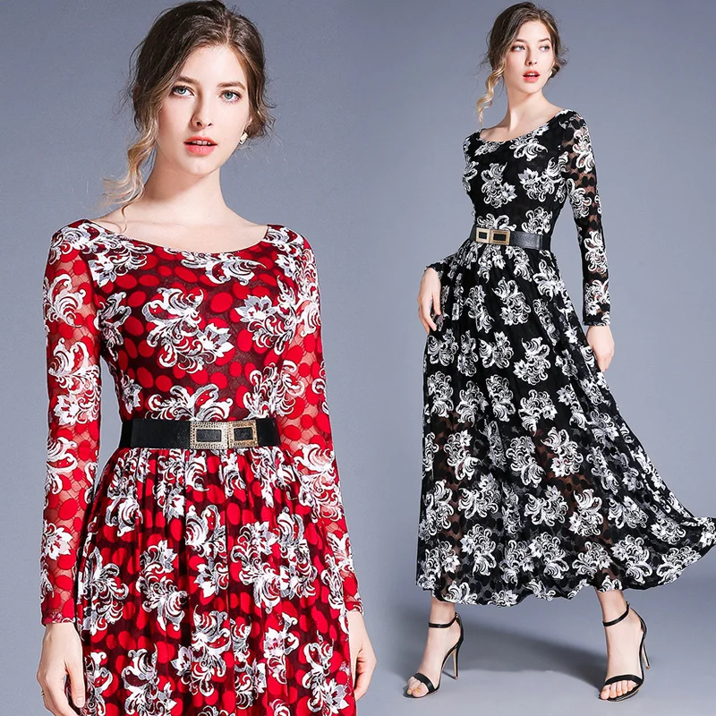 

Women's Spring and Summer New High-end Temperament Round-neck Long-sleeved Lace Print Patchwork Fashion Dress with Belt
