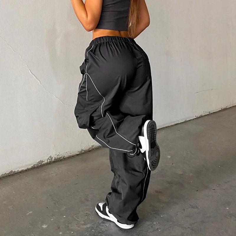 Summer New Spice Girl Sports Fashion Elastic Band High Waist Multi Pocket Loose Casual Pants White Black Tide Europe America