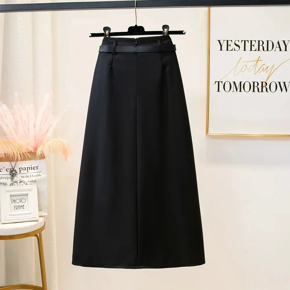 Женский плиссированный костюм черная длинная юбка с поясом Корейская серая