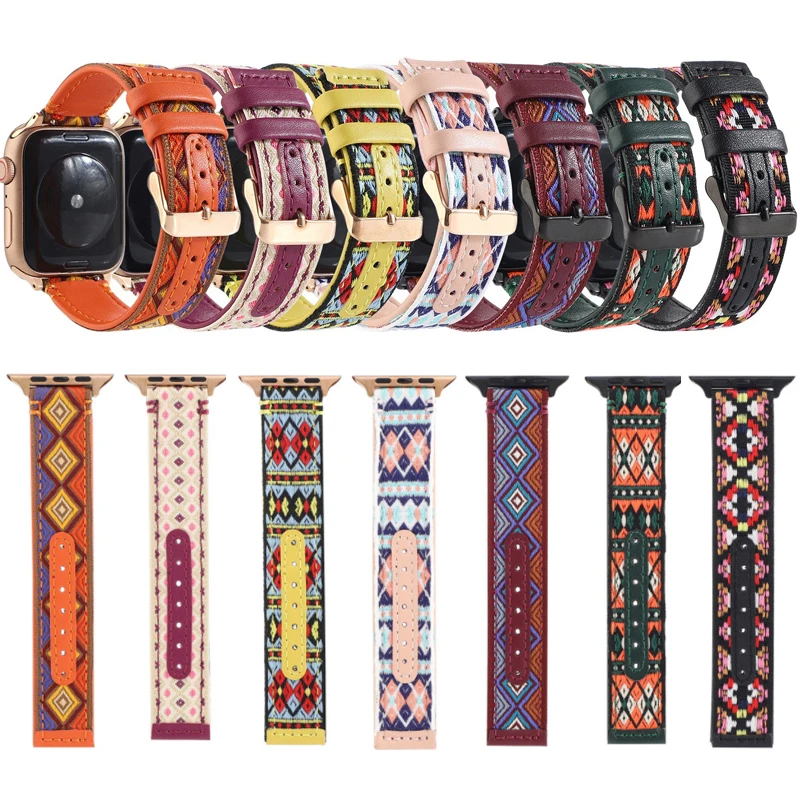 

Ремешок нейлоновый и кожаный для Apple Watch Band 41 мм 45 мм 40 мм 44 мм 38/42 мм, браслет в этническом стиле для iWatch Series 7 6 SE 5 4 3