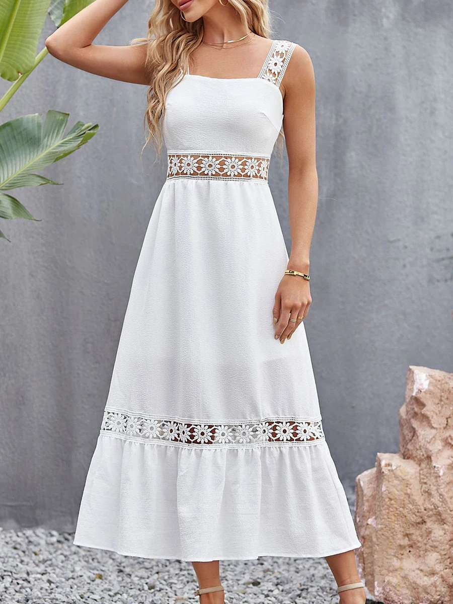 

Women s Elegant Lace Patchwork A-Line Maxi Dress with Square Neckline and Cutout Detail - Perfect for Cocktail Parties Beach