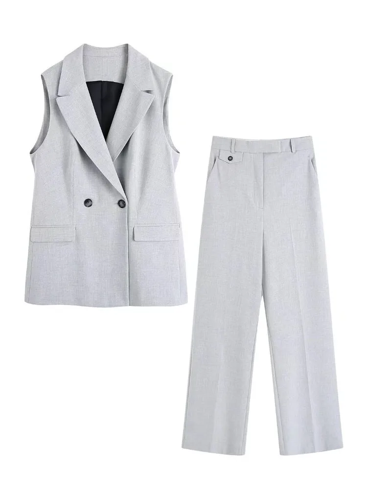 

2022 Spring Women Vintage Solid Blazer Vest Suits Office Outfits Double Breasted Vest+Straight Pant Sleeveless Notched Blazers