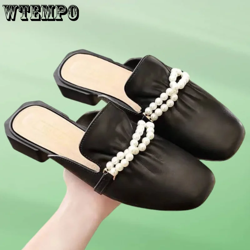 WTEMPO Leather Sandals Summer Women Casual Slippers Fashion Wear Single Shoes Girl Pearl Square Heel Half Slippers Wholesale
