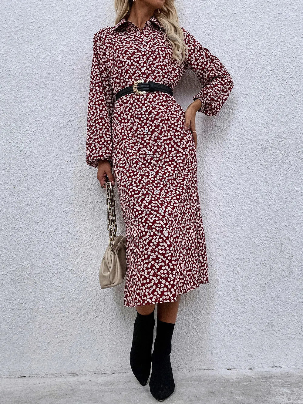 

Women 2022 New Autumn Cherry Print Lapel Long Sleeve Single Breasted Shirt Dress For Ladies Fashion All Match High Waist Dress