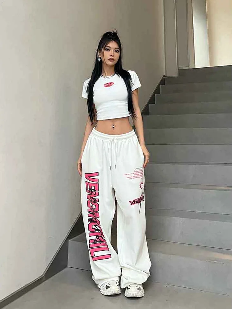 

Женские повседневные штаны с высокой талией, розовые уличные широкие брюки в Корейском стиле, в стиле хип-хоп, в стиле ретро, белые штаны в ст...