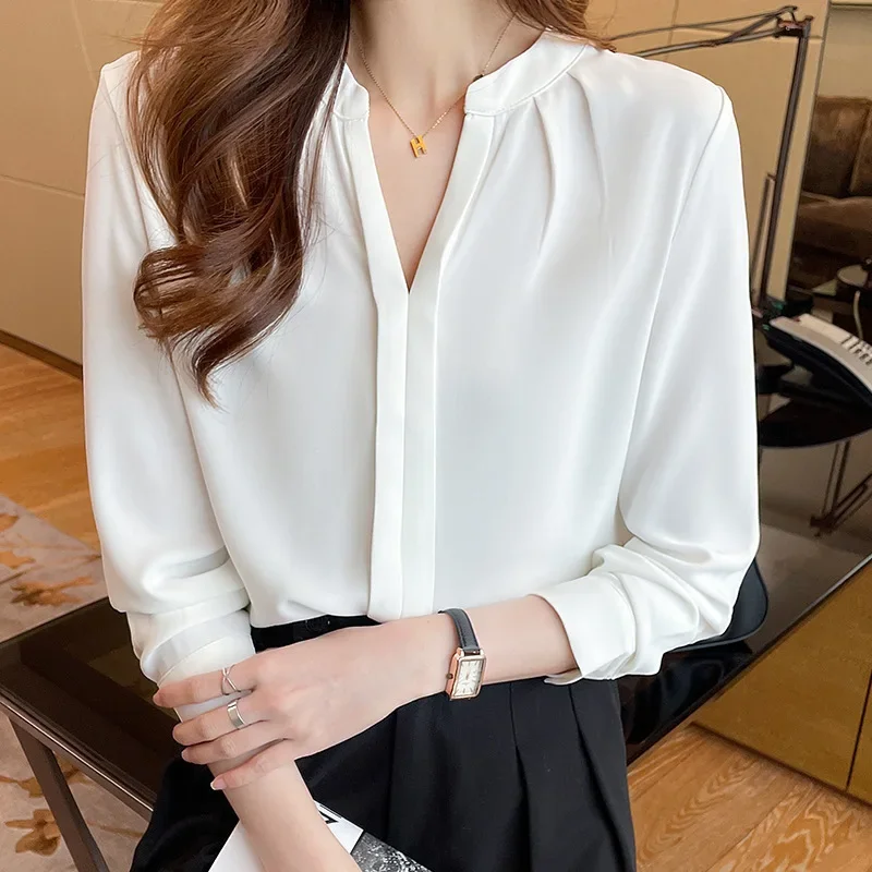 Элегантная шифоновая блузка с v-образным вырезом женская длинным рукавом новинка